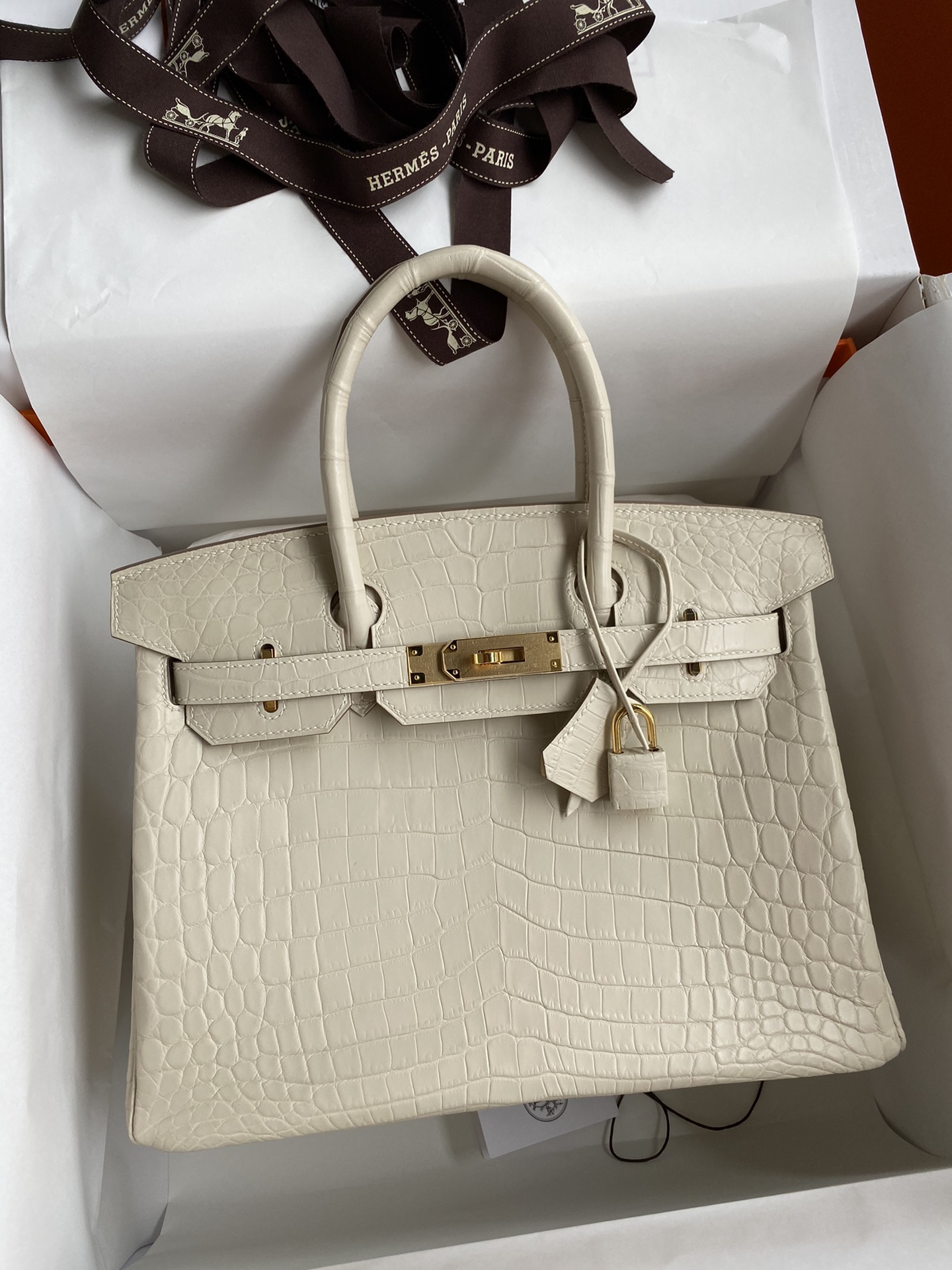 Hermes Birkin 30CM Handmade Bag In Cream White Crocodile Niloticus Shiny Skin